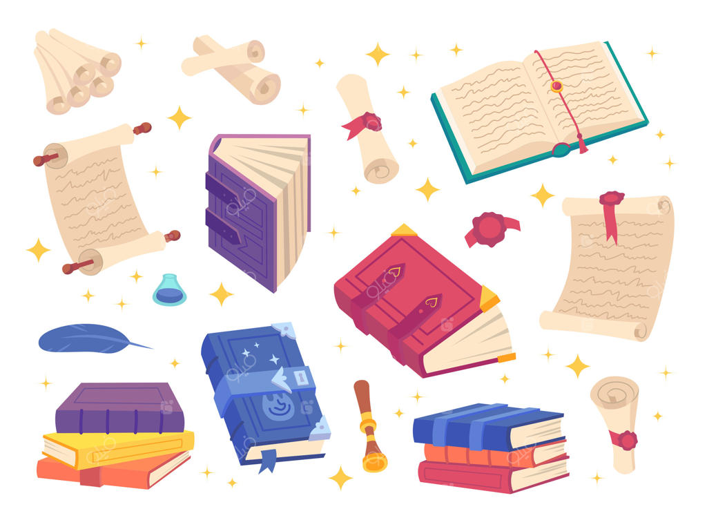 مجموعه کتاب‌ها و طومارهای جادویی با رنگ‌های متنوع کارتونی.