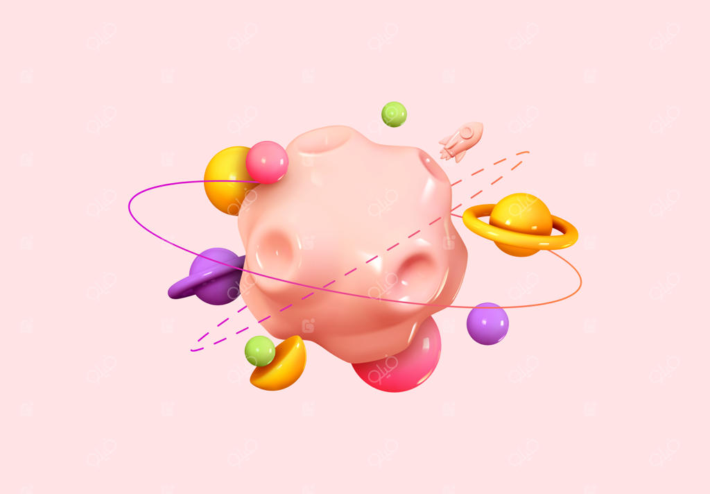 سیستم خورشیدی انتزاعی با سیارات و فضاپیما: موشک در مدار. سیاره سه‌بعدی رنگارنگ با حلقه‌های درخشان. شهاب‌سنگ و دنباله‌دار. طراحی خلاقانه و آینده‌نگر فضایی. تصویرسازی وکتور.