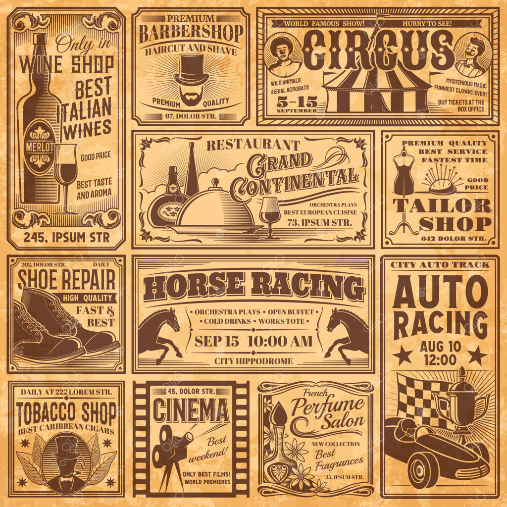 بنرهای روزنامه‌ای قدیمی و آگهی‌های تبلیغاتی