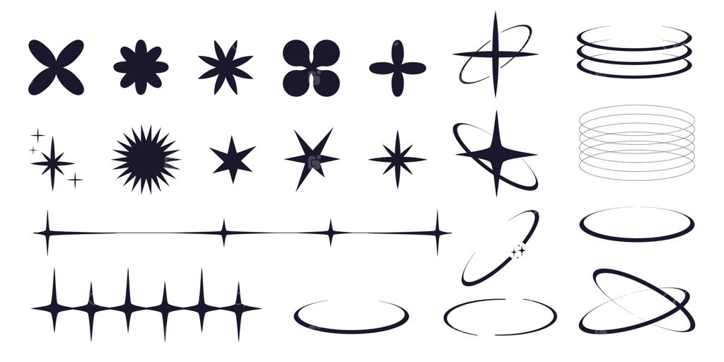 مجموعه‌ای از اشکال هندسی مینیمال ی2ک - حلقه‌های نازک و خطوط هندسی، عناصر زیباشناختی انتزاعی برای بنرها، شبکه‌های اجتماعی، طراحی پوستر و برچسب. طراحی مدرن با قاب، درخشش و ستاره‌های زینتی