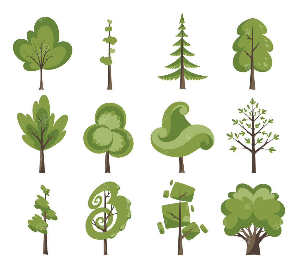 مجموعه درخت‌های تزیینی با طراحی تخت (فلت)، ایزوله شده