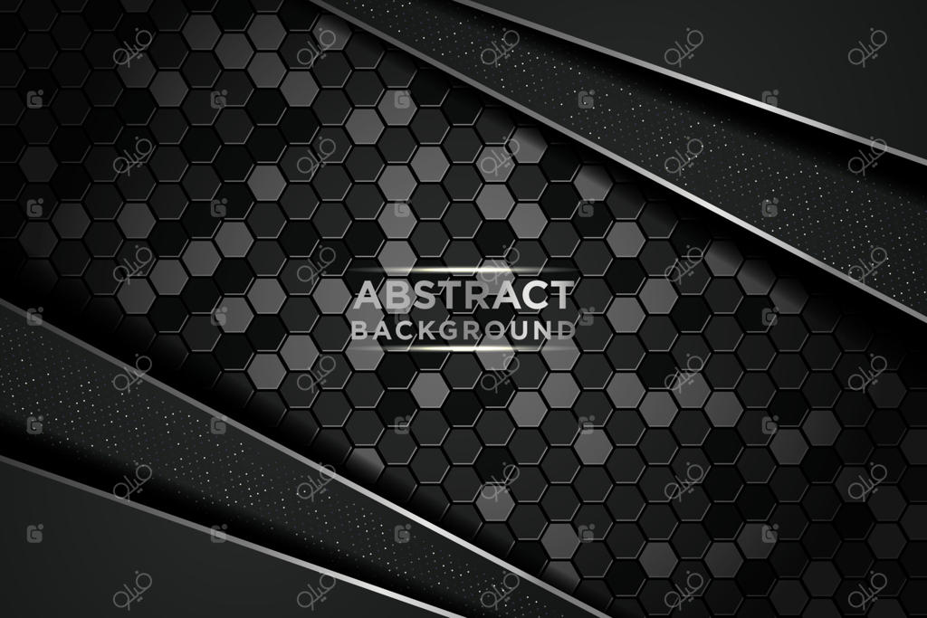 پس‌زمینه انتزاعی تاریک با دایره‌ها و لایه‌های هم‌پوشان سیاه. عناصر نقره‌ای و نقاط زینتی براق روی بافت شش‌ضلعی. وکتور EPS10
