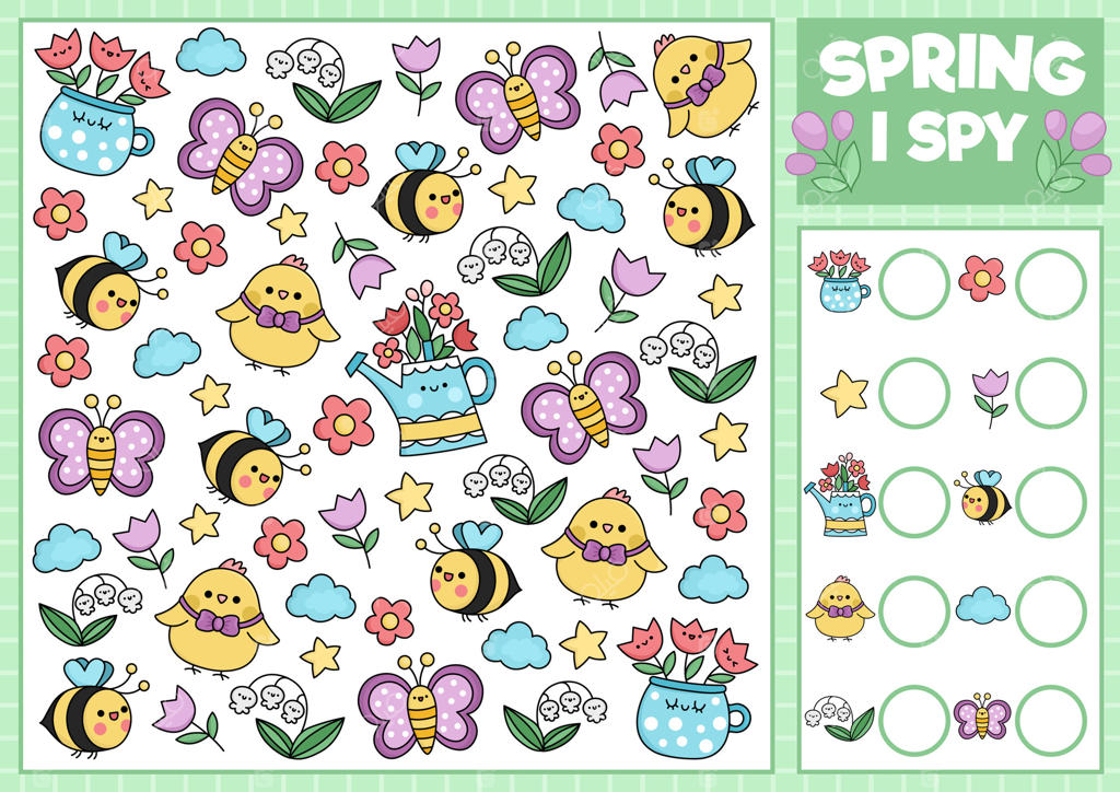 بازی جاسوسی بهاره یا تابستانه برای کودکان - فعالیت جستجو و شمارش با جوجه و زنبور بامزه. کاربرگ قابل چاپ باغ برای کودکان پیش‌دبستانی. پازل ساده با گل‌های اول بهار