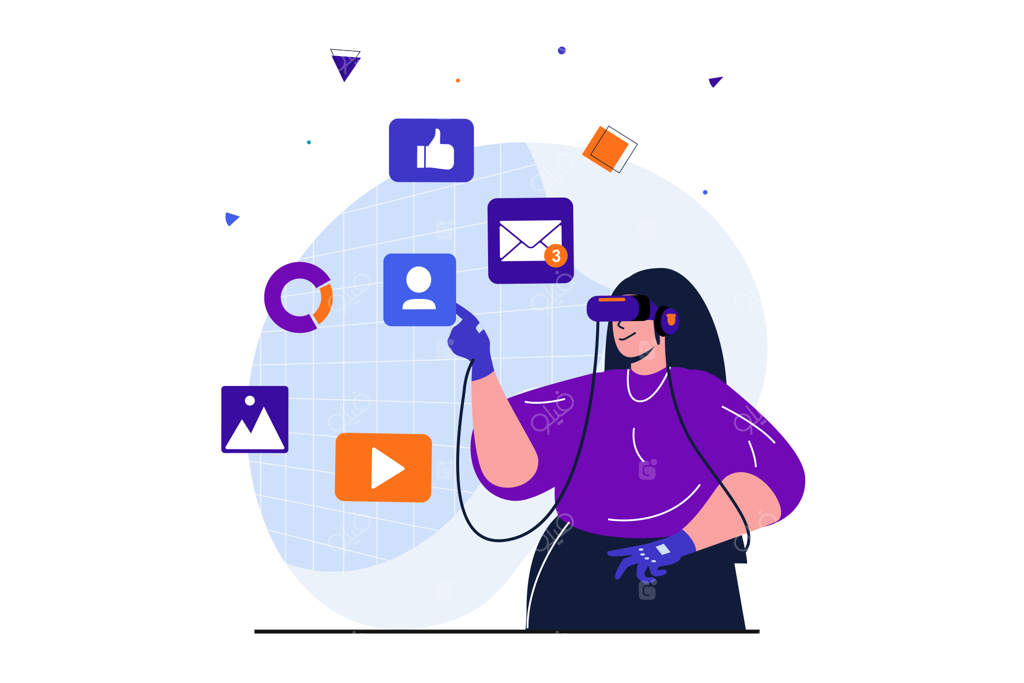 فضای مجازی: طرح مدرن برای طراحی بنر وب - زنی با هدست VR در حال کار در فضای کار