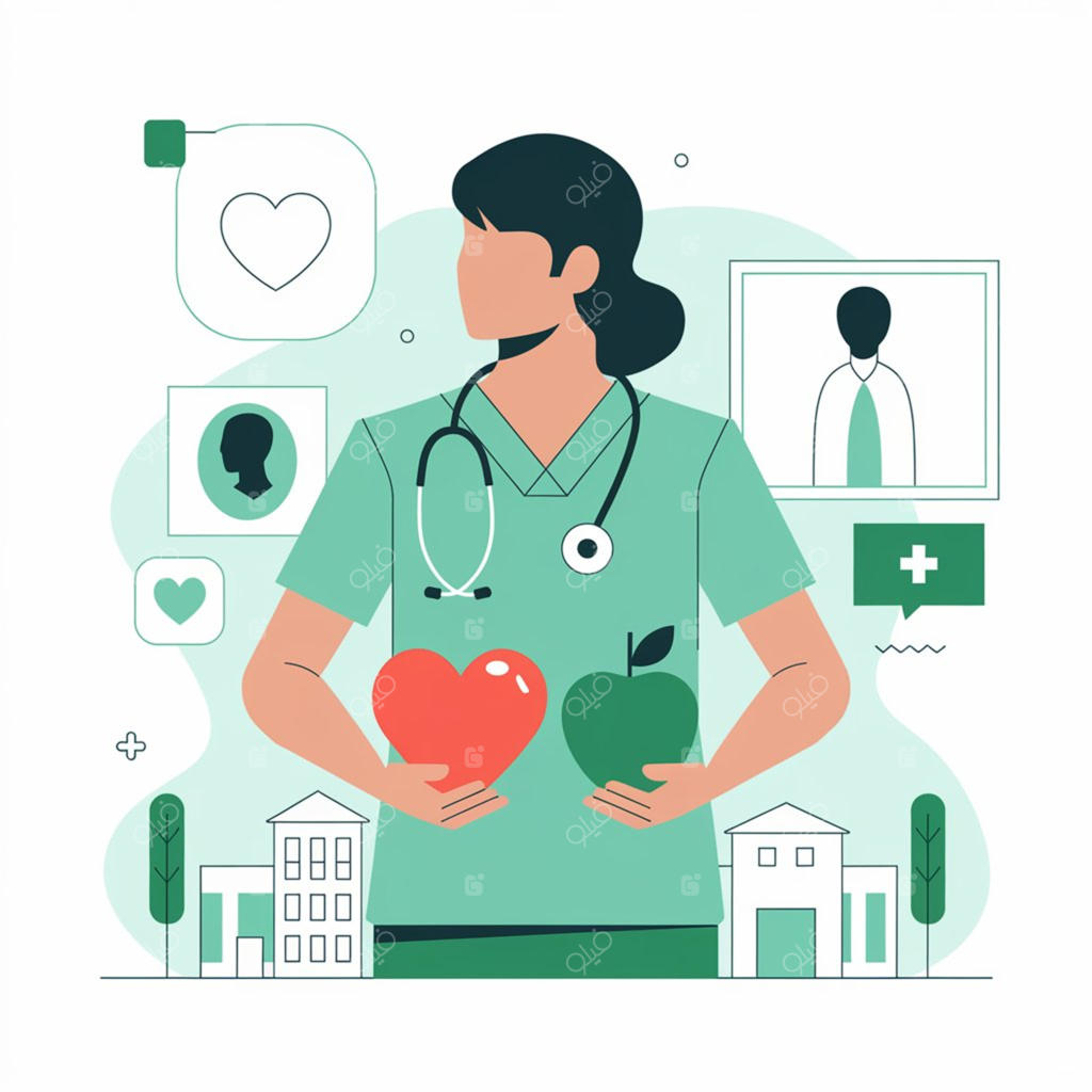 وکتور سبک زندگی سالم با آیکون‌های قلب، قرص و تناسب اندام