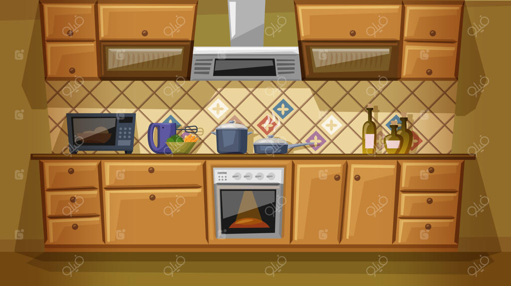 کارتون ساده آشپزخانه با مبلمان. دکوراسیون دنج آشپزخانه با اجاق گاز، کابینت، ظروف و مایکروویو.
