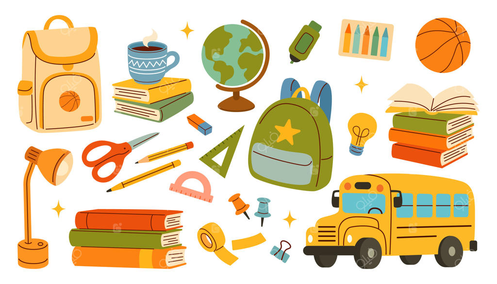 ست لوازم‌التحریر بازگشت به مدرسه با کتاب‌ها، کوله‌پشتی‌ها، اتوبوس مدرسه و نوشت‌افزار به سبک کارتونی تخت