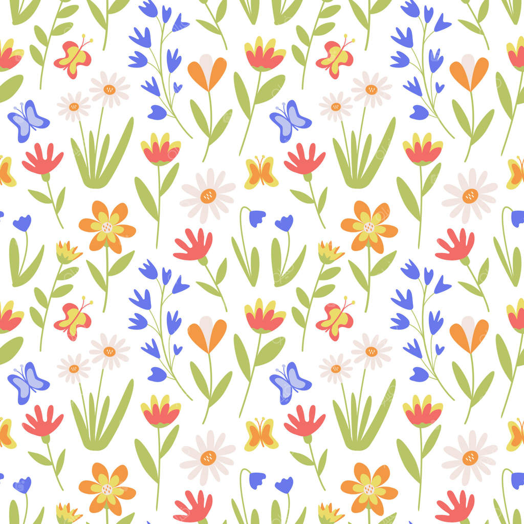 پترن یکپارچه رنگارنگ با گل‌های کوچک و پروانه‌ها، زمینه دست‌کشیده، تعطیلات بهاری، باغ عاشقانه تابستانی، تزئینات پارچه و کارت پستال.