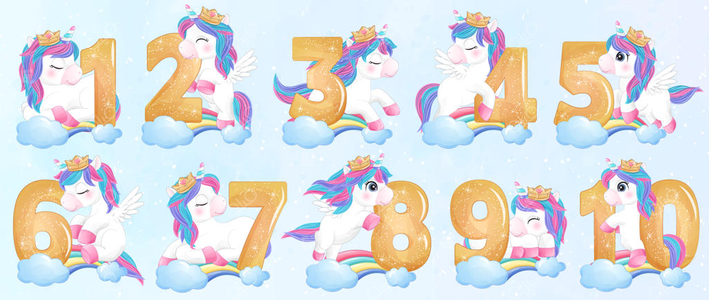 تصویر بامزه یونیکورن نقاشی شده با مجموعه اعداد