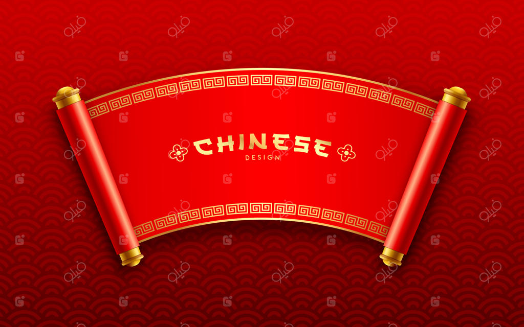 طراحی نوار باستانی چین با انحنا، بر روی زمینه‌ای با الگوی قرمز چینی