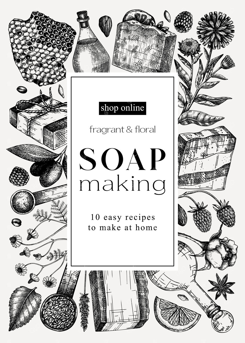 طراحی دست‌کشیده قاب صابون با ترکیبات معطر برای لوازم آرایشی و عطرسازی