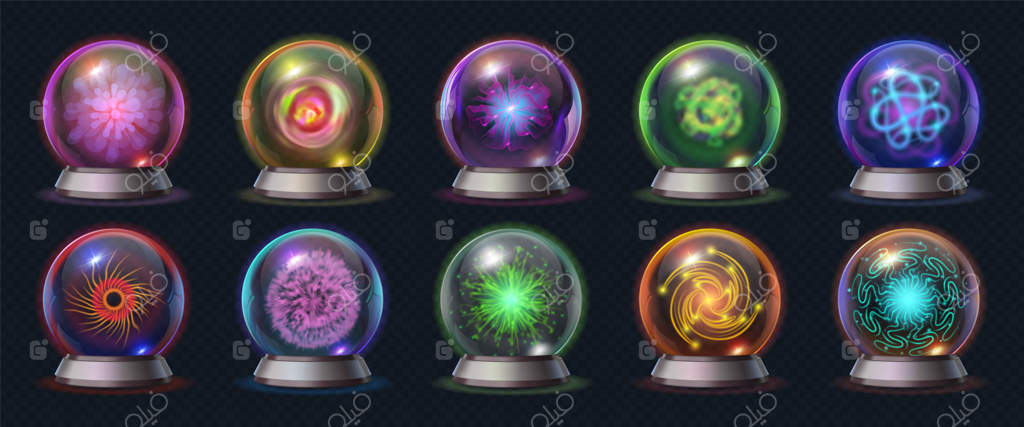 گوی جادویی واقع‌گرایانه با انرژی درخشان و رعد و برق. کره پیش‌بینی آینده، گوی شیشه‌ای اسرارآمیز با افکت‌های مرموز. توپ پیشگویی برای جادوگر یا پیشگو