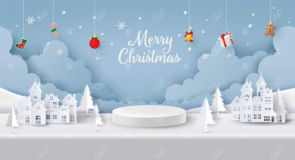 کریسمس مبارک و سال نو مبارک، سکوی استوانه‌ای خالی در وسط روستای حومه شهر در زمستان، سبک کلاژ و برش کاغذی با هنر دیجیتال