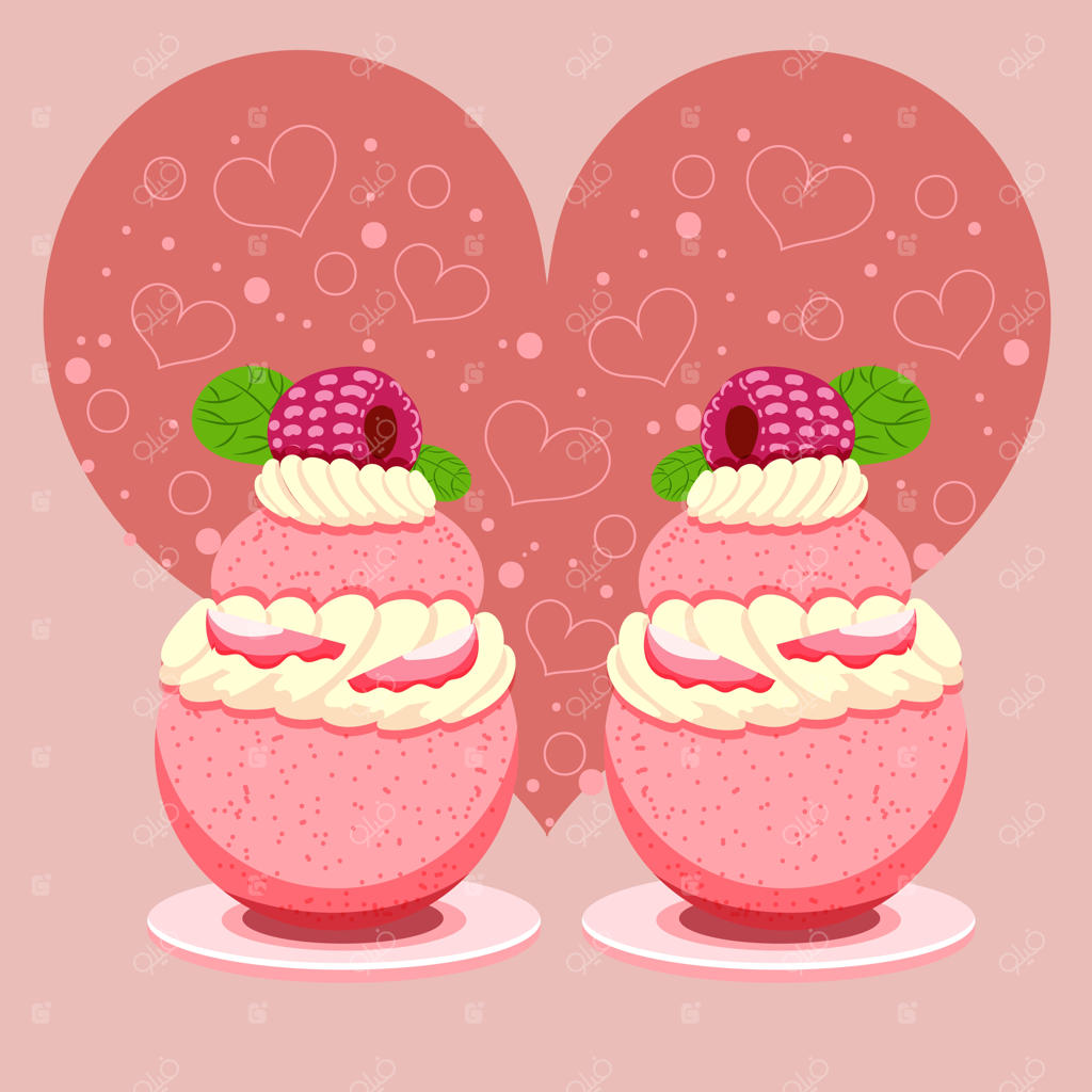 کیک‌های میوه‌ای ژاپنی با طعم آسیایی در پس‌زمینه قلب بزرگ صورتی