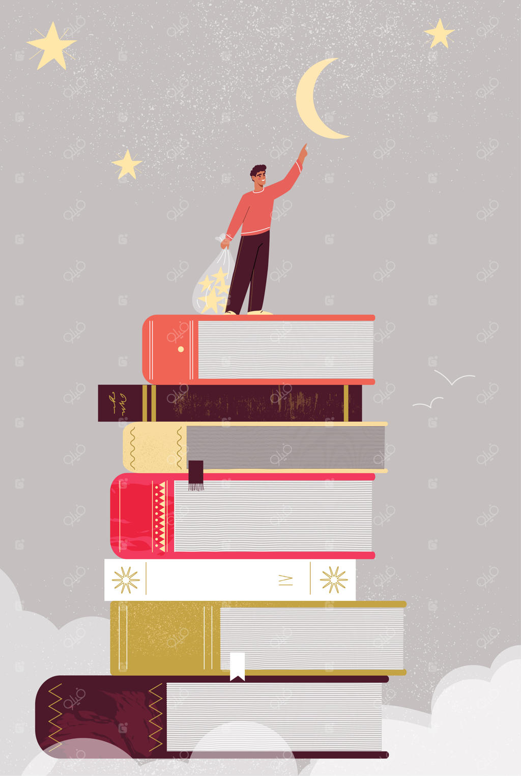 مفهوم یادگیری با کتاب‌ها: مردی در میان انبوهی از کتاب‌ها در کنار ماه، آموزش و دانش - عنصر گرافیکی برای وبسایت، تصویرسازی کارتونی وکتور تخت