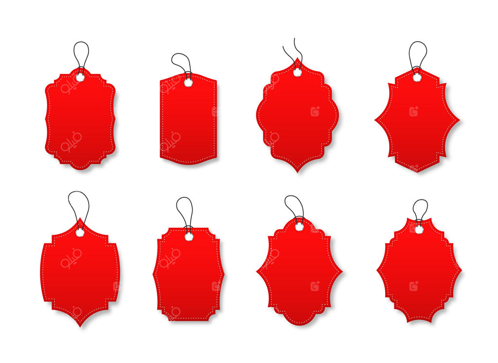 مجموعه‌ای از برچسب‌های تخفیف قرمز با شکل‌های مختلف و برچسب‌های ویژه با بند.