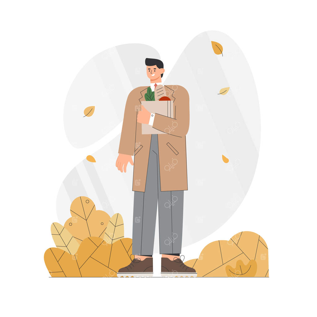 مردی با کت در پاییز کیسه ای از خوراکی‌ها در دست دارد.