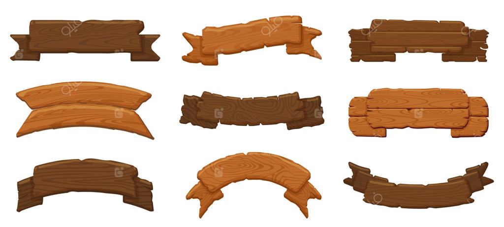 تخته‌های روبانی چوبی: مجموعه آیکون‌ها شامل تابلوهای چوبی قدیمی، بیلبوردهای آویز چوبی و بنرهای روستایی نیمه‌کاره (وکتور)