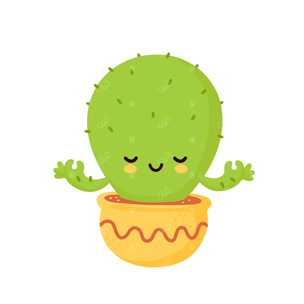 کاکتوس خندان و بانمک در حال مدیتیشن - طراحی تصویر کارتونی و تخت. زمینه سفید. مفهوم یوگای کاکتوس