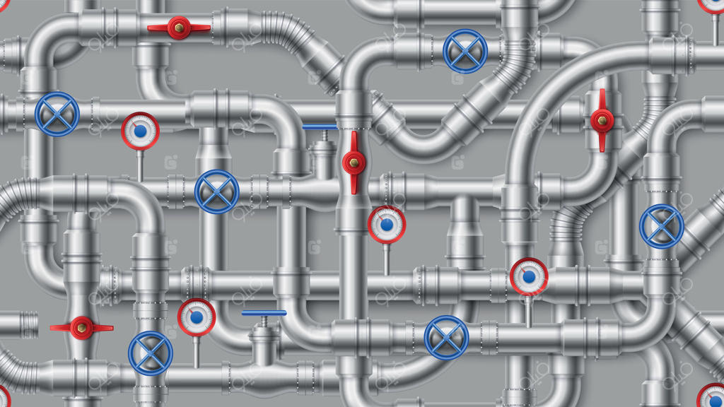 الگوی خطوط لوله صنعتی. لوله‌های آب فلزی با شیر، تصویر زمینه بدون درز وکتور