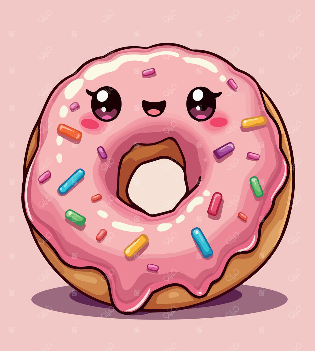 دونات صورتی با صورت خندان و قلب نیم‌خورده