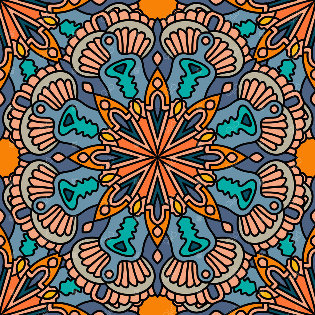 کارت ماندالا زیبا: گل دایره‌ای تزئینی روی زمینه سفید. نقش هندسی دکوراتیو به سبک شرقی و قومی.