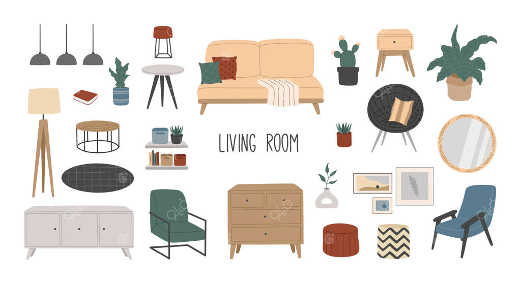 مجموعه‌ای از مبلمان شیک اسکاندیناوی برای اتاق نشیمن، دکوراسیون خانه به سبک هوگه.