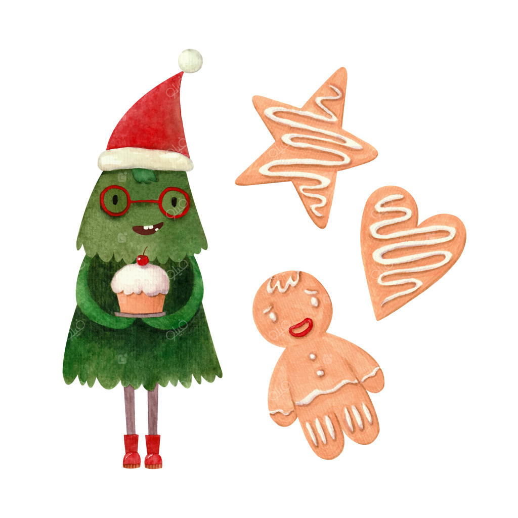 مجموعه‌ای از تصاویر آبرنگی با شیرینی زنجفیلی و درخت کریسمس کارتونی