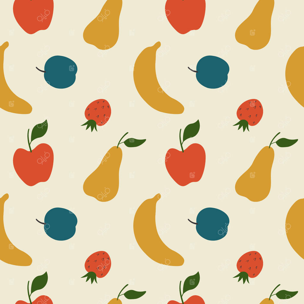 پترن یکپارچه میوه‌ها با گلابی، سیب، موز، آلو، توت‌فرنگی. پس‌زمینه تکراری با برداشت میوه‌ها. غذای گیاهی، مواد اولیه، مزرعه، باغ، بازار