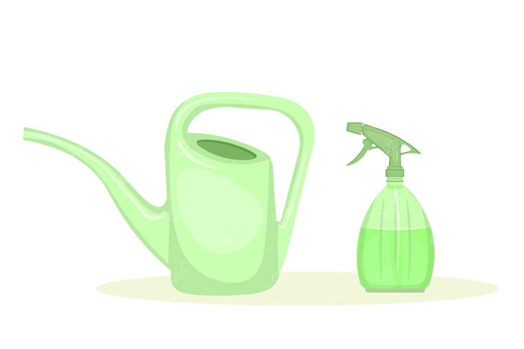 آب‌پاش و اسپری سبز روی زمینه سفید. ابزارهای باغبانی برای آبیاری گیاهان خانگی، گلخانه‌ای و باغی.