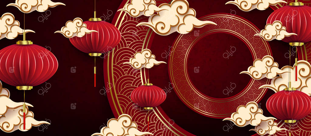 طرح قرمز تیره با فانوس‌هایی در قاب گرد به سبک هنر کاغذی