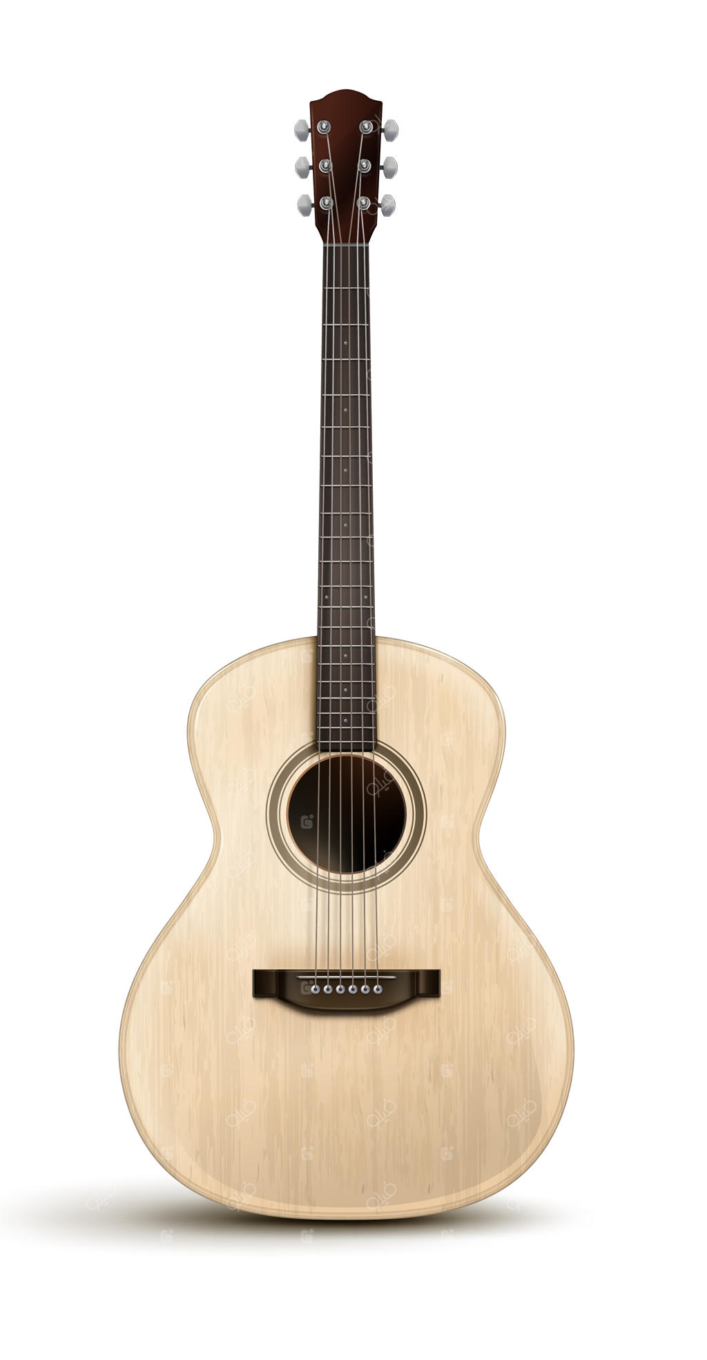 گیتار آکوستیک چوبی واقع‌گرایانه در پس‌زمینه سفید