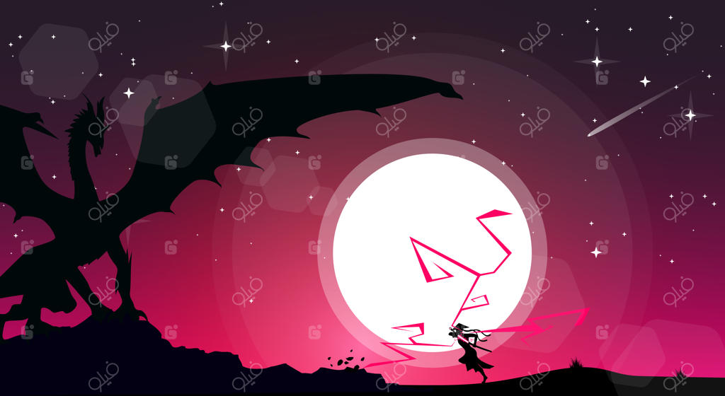 تصویر زمینه انیمه دختر سامورایی شمشیر به دست در حال حمله به اژدها