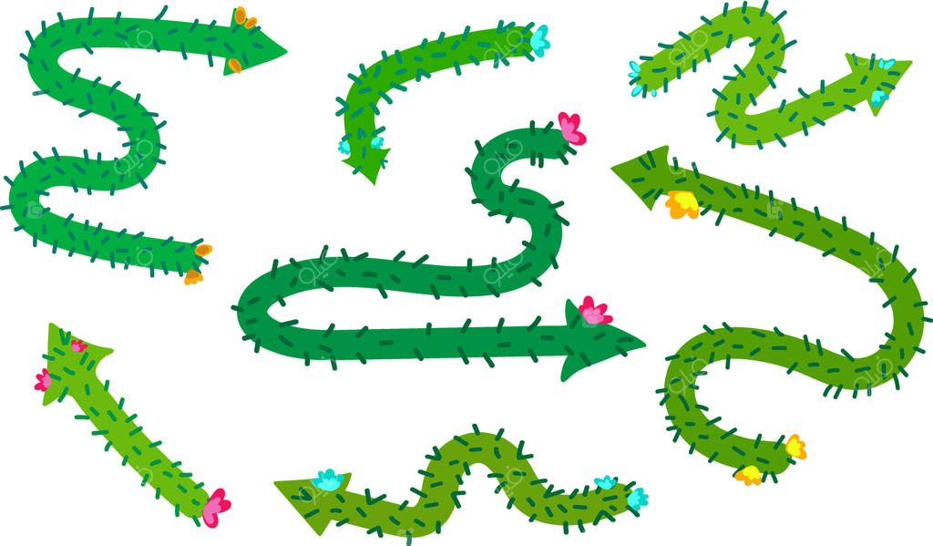 مجموعه‌ای از فلش‌های کاکتوس رنگارنگ با گل، نشانگرهای شاداب و جذاب برای طراحی اینفوگرافیک، جهت‌نمایی‌های پرانرژی و خیال‌انگیز، پس‌زمینه سفید و جدا شده