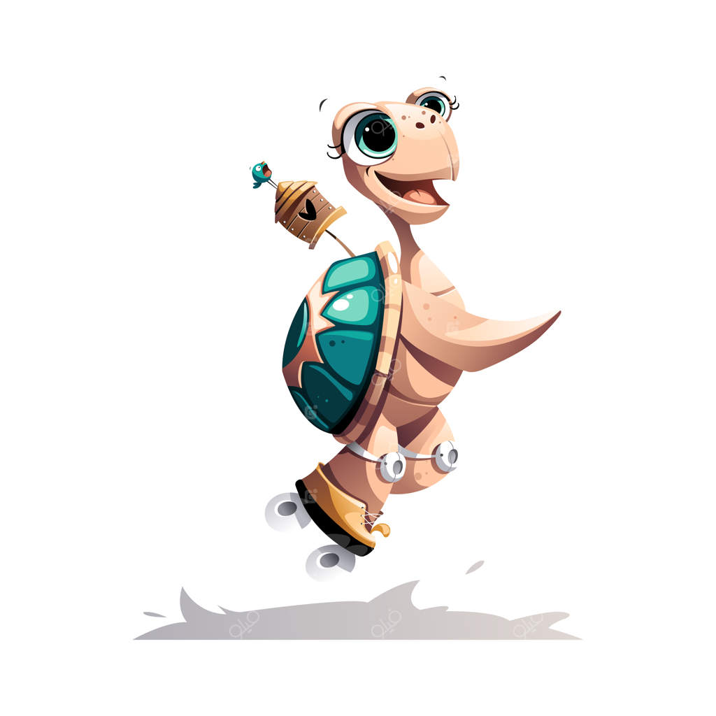 تصویر لاک‌پشت خنده‌روی بامزه روی اسکیت‌های چرخ‌دار