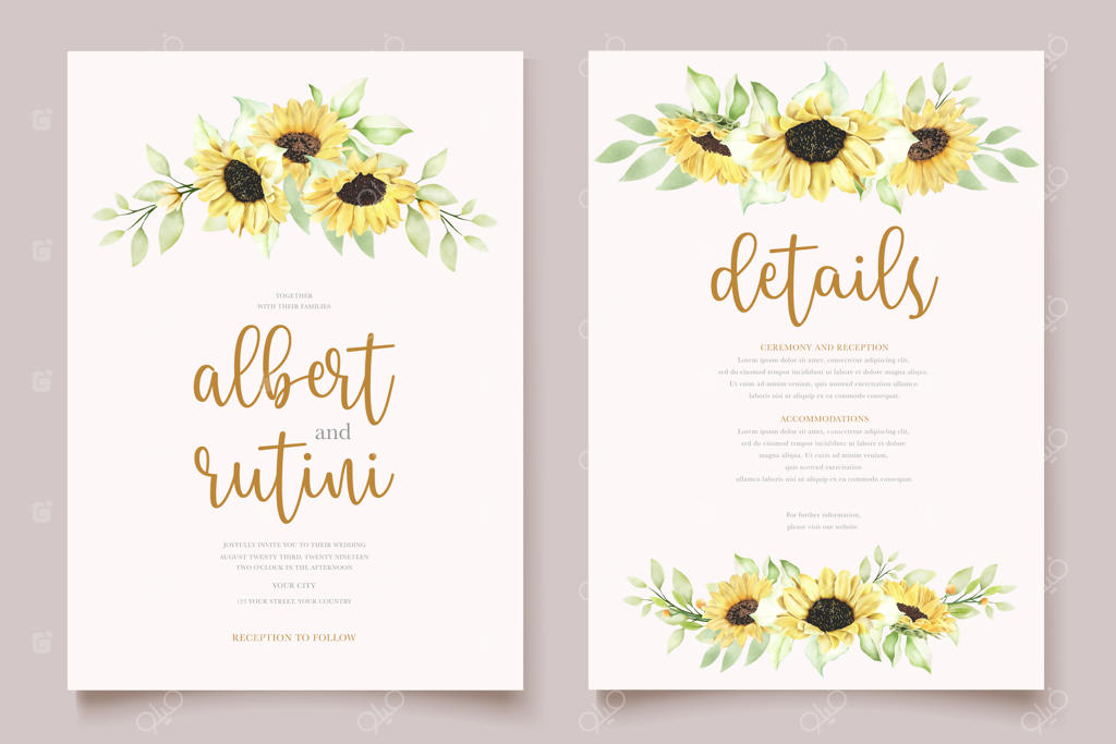 کارت عروسی با نقاشی آبرنگی گل آفتابگردان