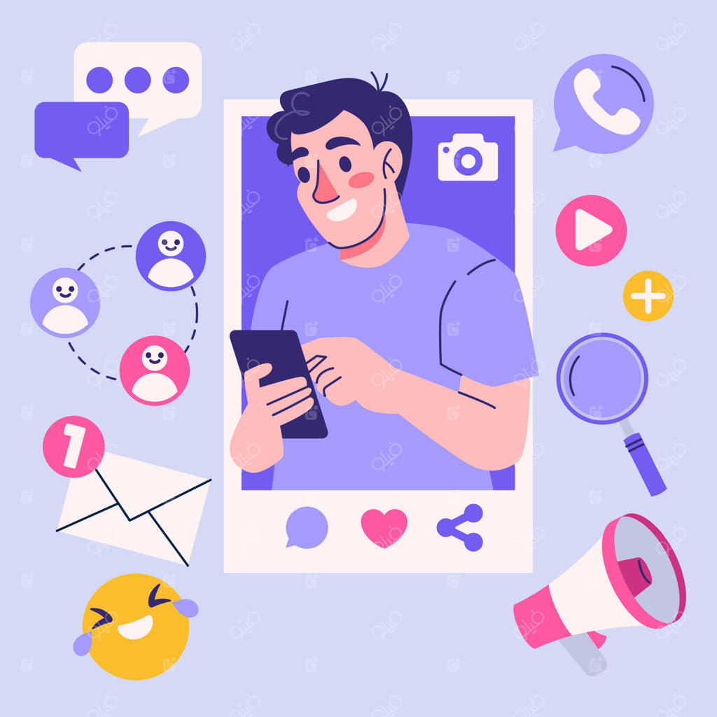 مجموعه‌ای از عناصر طراحی شبکه‌های اجتماعی با شخصیت‌های کمیک و تخت