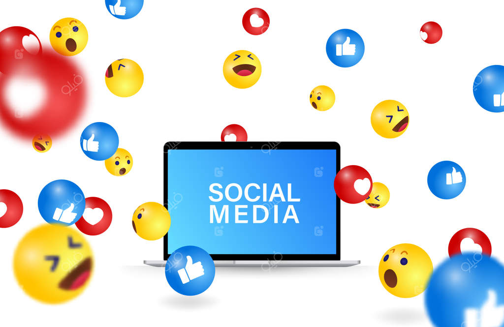 ایموجی‌های شبکه‌های اجتماعی در حال سقوط: تصویرسازی لپ‌تاپ و نمادهای ارتباطی