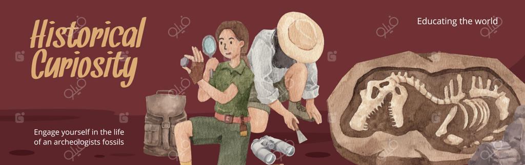 قالب تبلیغات فیسبوک با موضوع باستان‌شناسی فسیل‌ها به سبک آبرنگی