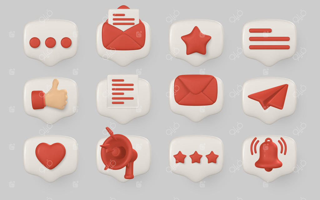 مجموعه آیکون‌های سه‌بعدی چت و شبکه‌های اجتماعی به شکل حباب گفت‌وگو، شامل نمادهای پیام، لایک، ایمیل، ستاره، قلب و هشدار. ایده‌آل برای طراحی UI/UX و اپلیکیشن. تصویرسازی