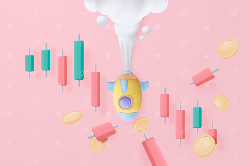 انباشته سه‌بعدی از سکه‌های پول و گراف با یک موشک فضایی سقوط آزاد نماد شکست کسب‌وکار - نمایش سه‌بعدی پول برای احتیاط در سرمایه‌گذاری و نماد گراف معاملاتی سه‌بعدی در تصویرسازی وکتور