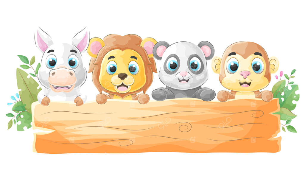 تصویر آبرنگی دوستان بامزه حیوانات با تابلو چوبی