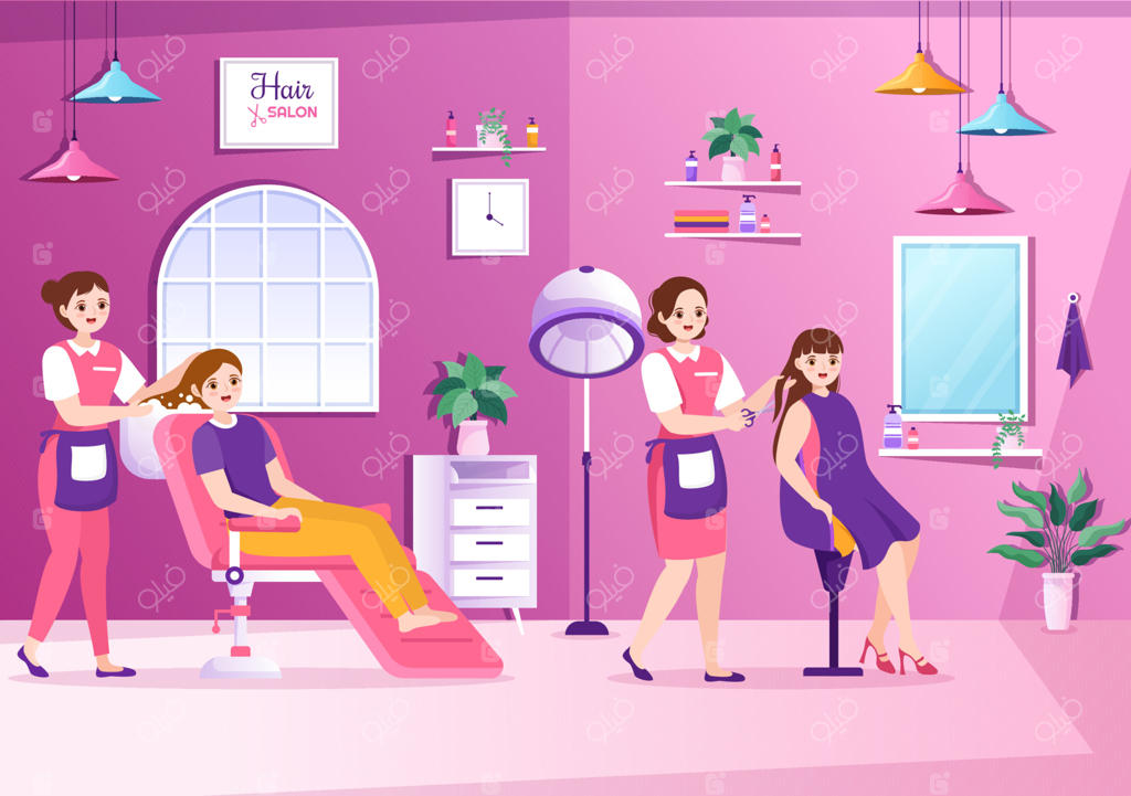 آرایشگاه با آرایشگر، کوتاهی مو، مراقبت از مو و مدل مو در سالن زیبایی یا آرایشگاه - پترن طراحی دستی کارتونی تخت