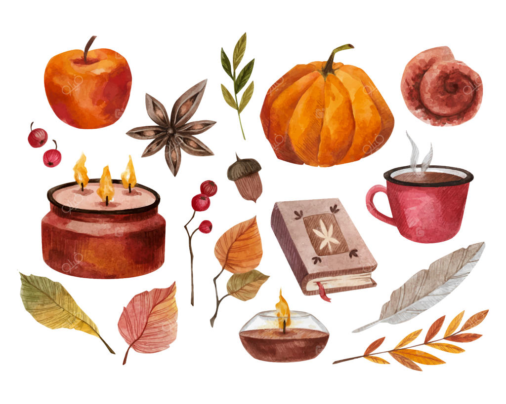 کلیپ آرت گرم و دنج پاییزی با آبرنگ بر روی زمینه سفید: قهوه، چای، برگ‌های پاییزی، شمع، کتاب