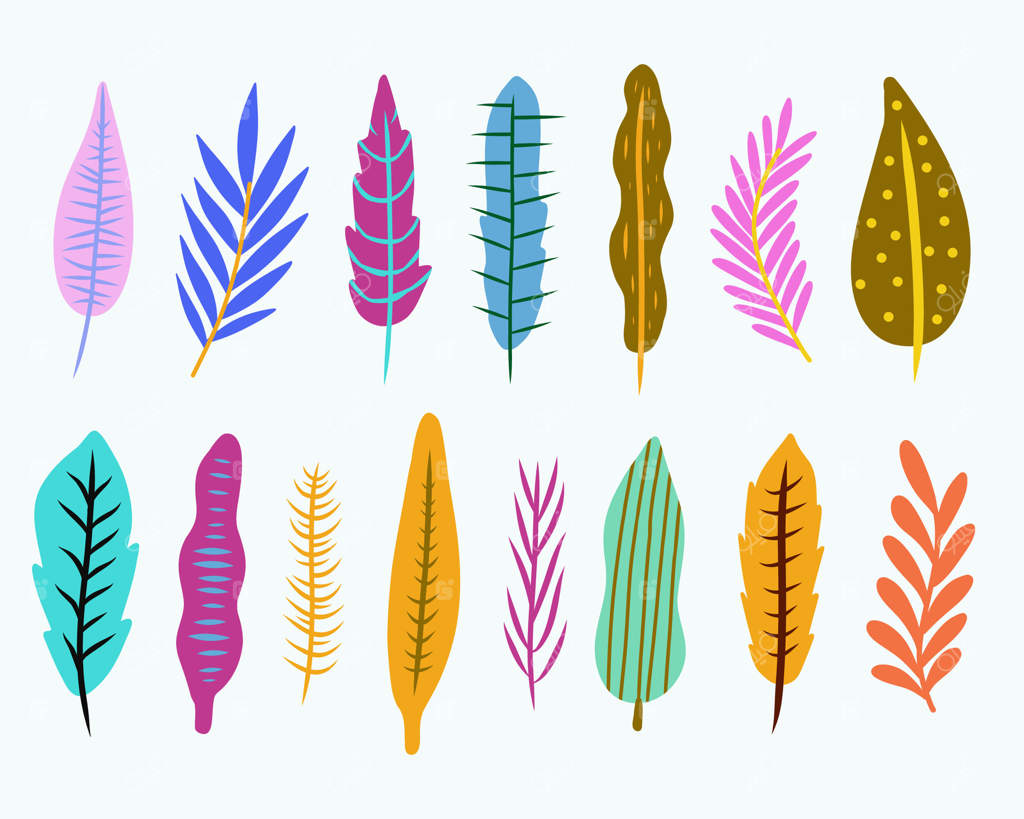 مجموعه کلیپ آرت برگ‌های رنگارنگ و عناصر قابل ویرایش برای طرح باغ گیاه‌شناسی