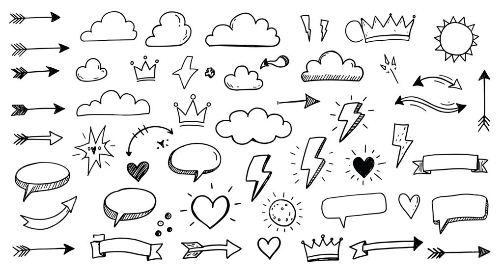 مجموعه‌ای از عناصر طراحی دستی: ابرها، فلش‌ها، قلب‌ها و ستاره‌ها.