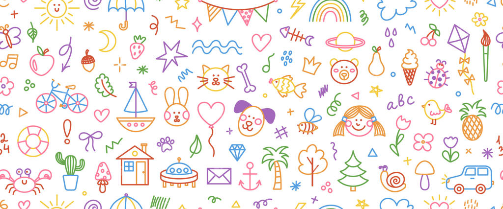 الگوی یکپارچه بامزه و رنگارنگ دستی شامل المان‌های تزئینی ساده کودکان. مجموعه‌ای از طراحی‌های خط‌خطی، حیوانات، گل‌ها، خورشید و ابر