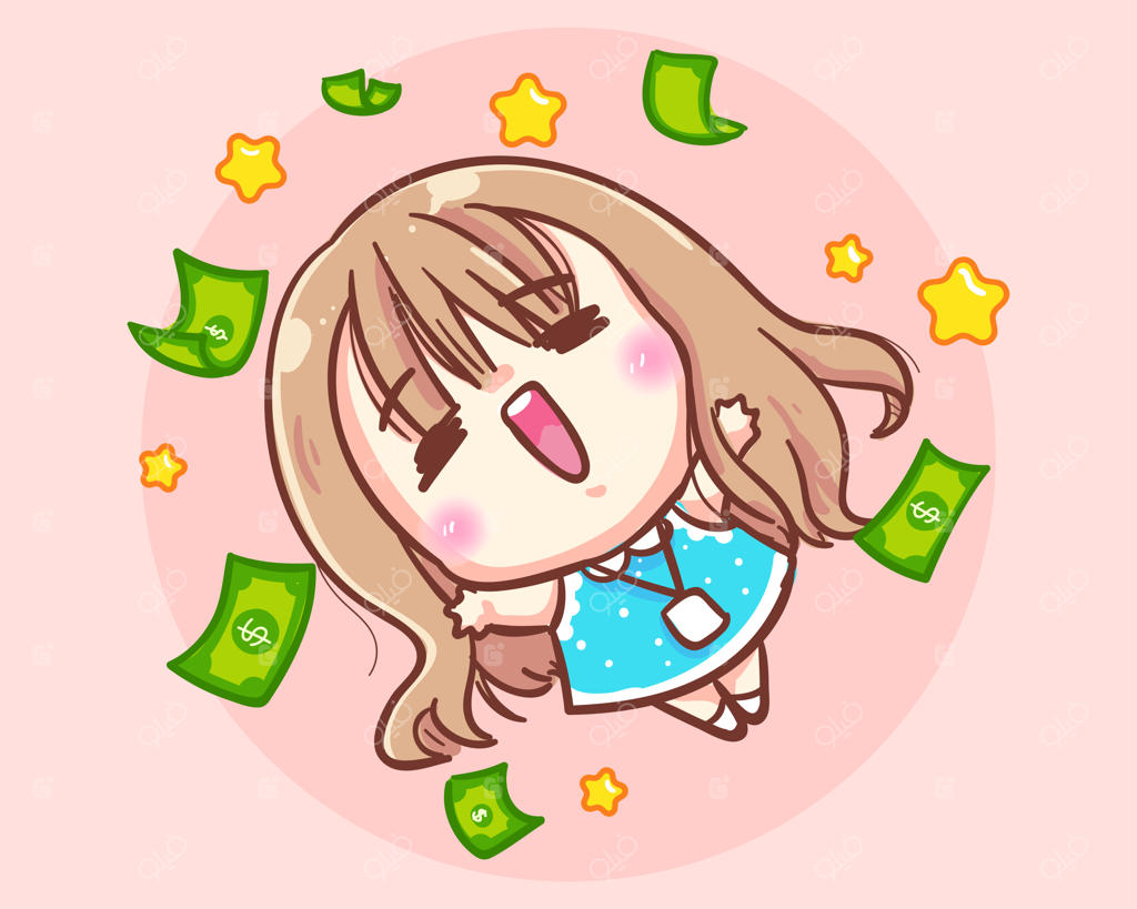 زن کارمند از دریافت پول خوشحال است.. تصویر سازی کارتونی دختر بامزه اداری