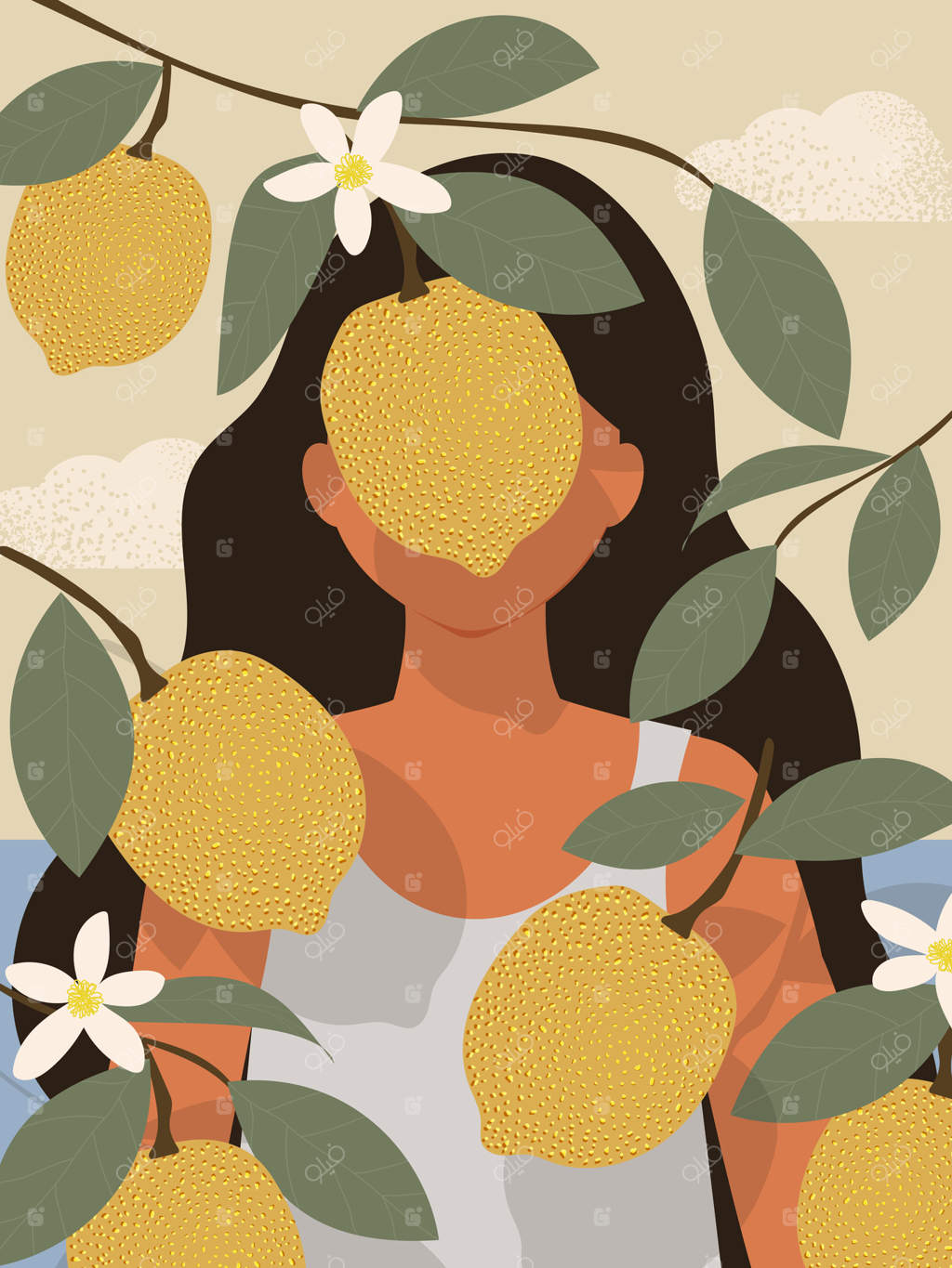 دختر جوان در باغ لیموترش با پس‌زمینه‌ای از ابرها و دریا در تعطیلات.