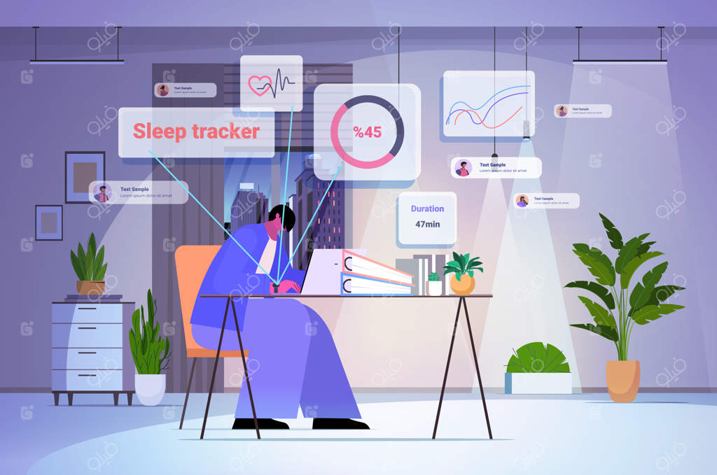 تاجر خسته در حال کار با لپ‌تاپ و ساعت هوشمند: نظارت بر کیفیت و کمیت خواب در محیط اداری، تصویر افقی کامل.